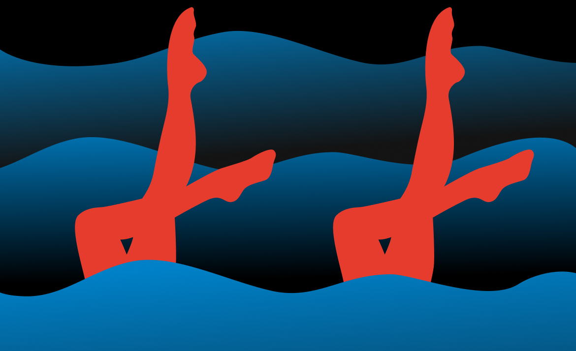 Artistic swimming: two swimmers’ legs raised in unison above the water.