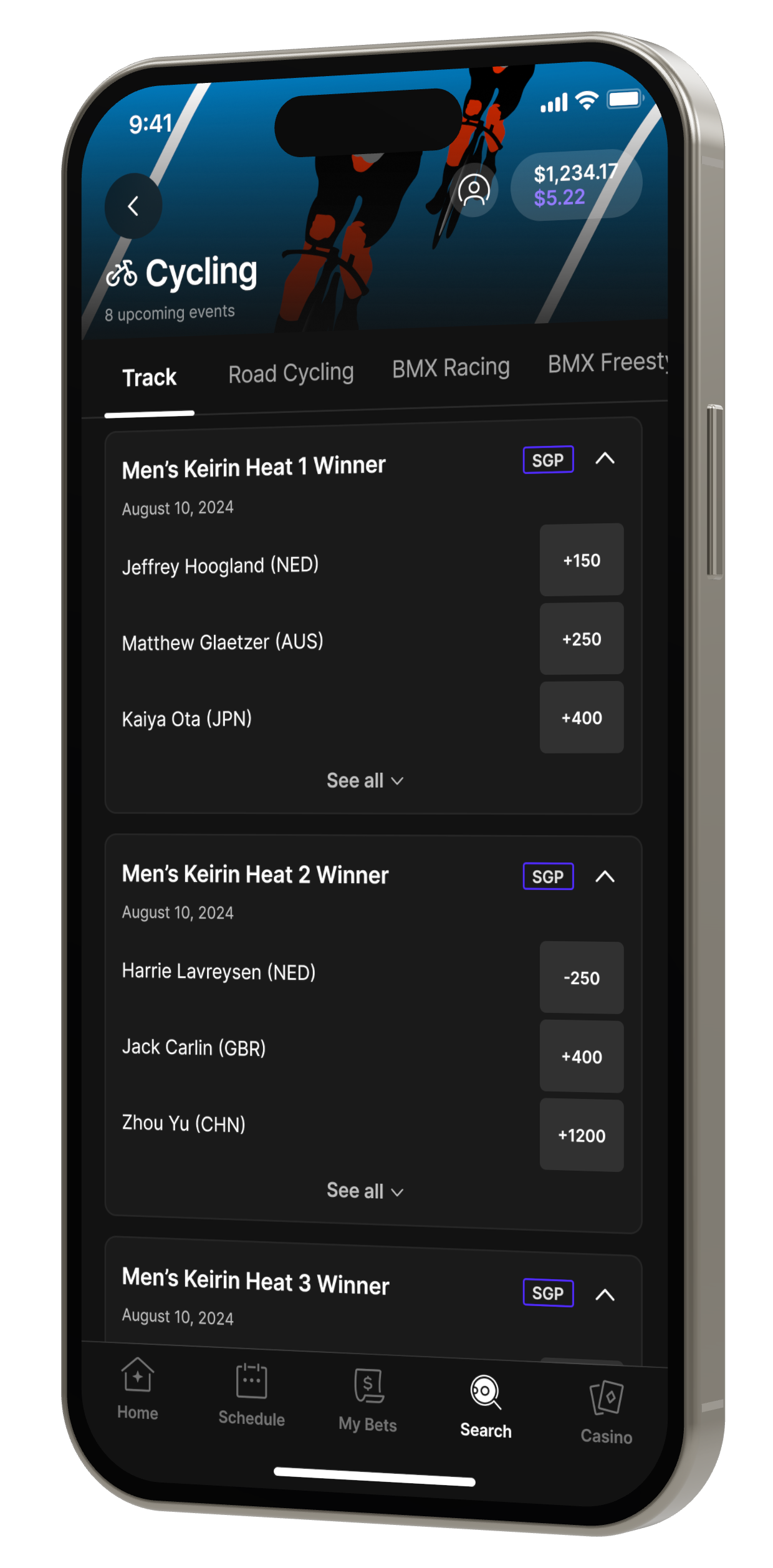 The Cycling page’s Track tab: Men’s Keirin heat-winner markets listing individual riders with one price each.