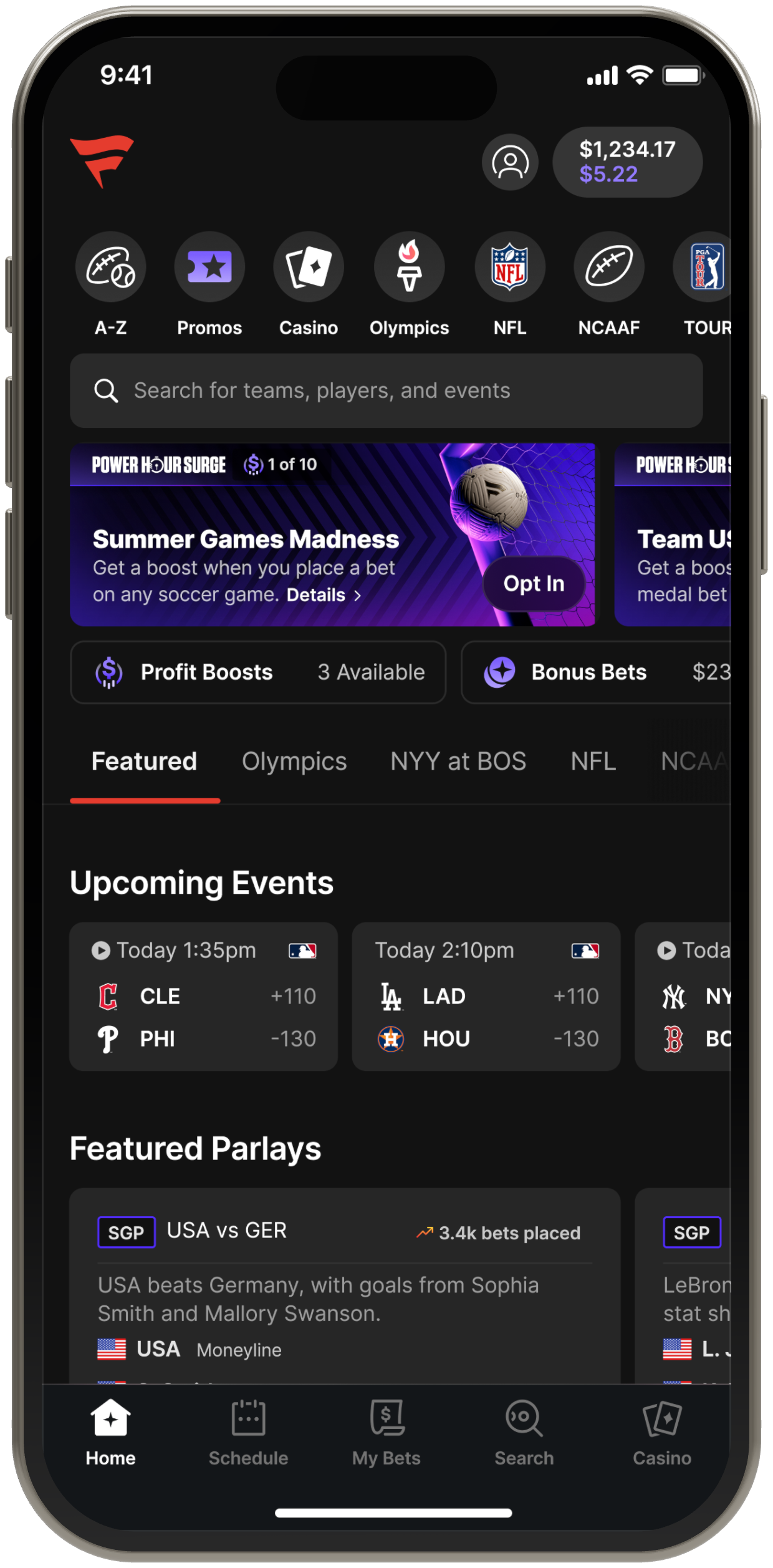 The Discover homepage: an Olympics shortcut and tab alongside NFL and college football, a Summer Games soccer promo, the day’s MLB games, and a USA versus Germany featured parlay.