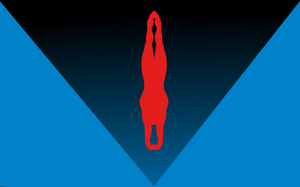 Diving: a diver falling straight down a dark V between two fields of blue.