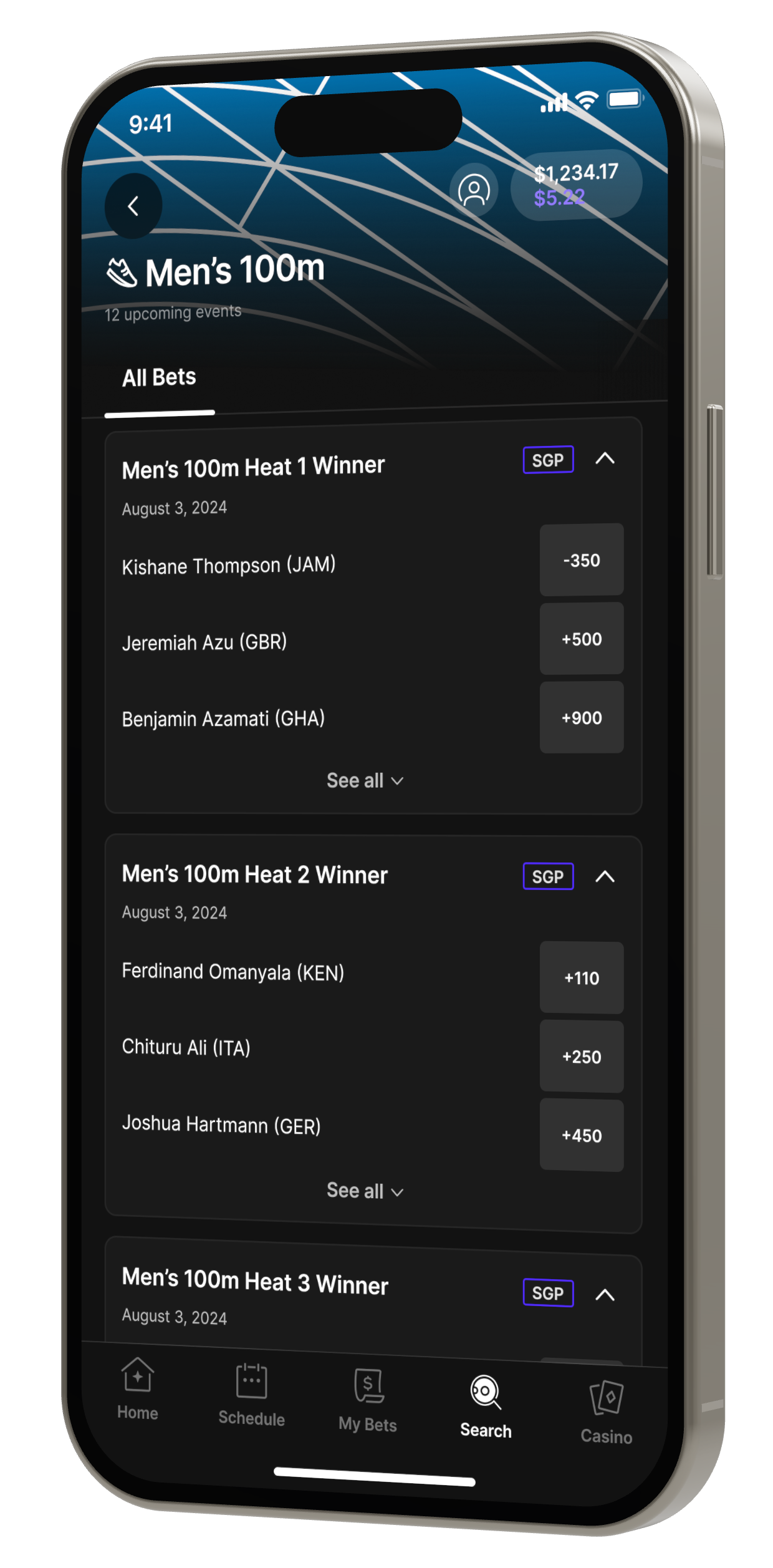 The Men’s 100m event page on an iPhone, angled toward the center: heat-winner markets for the August 3 first round.