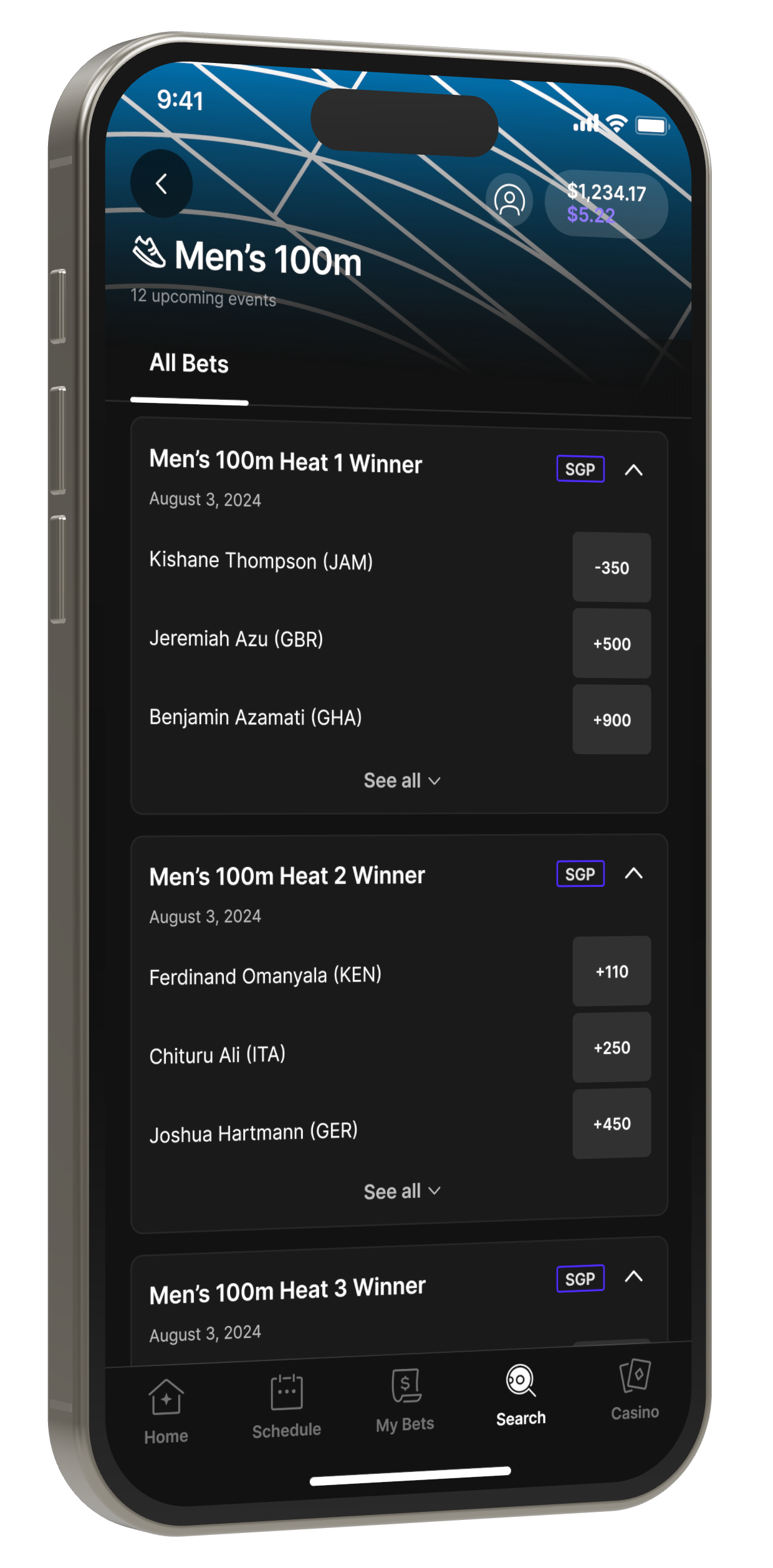 The Men’s 100m event page: heat-winner markets listing individual sprinters with one price each.