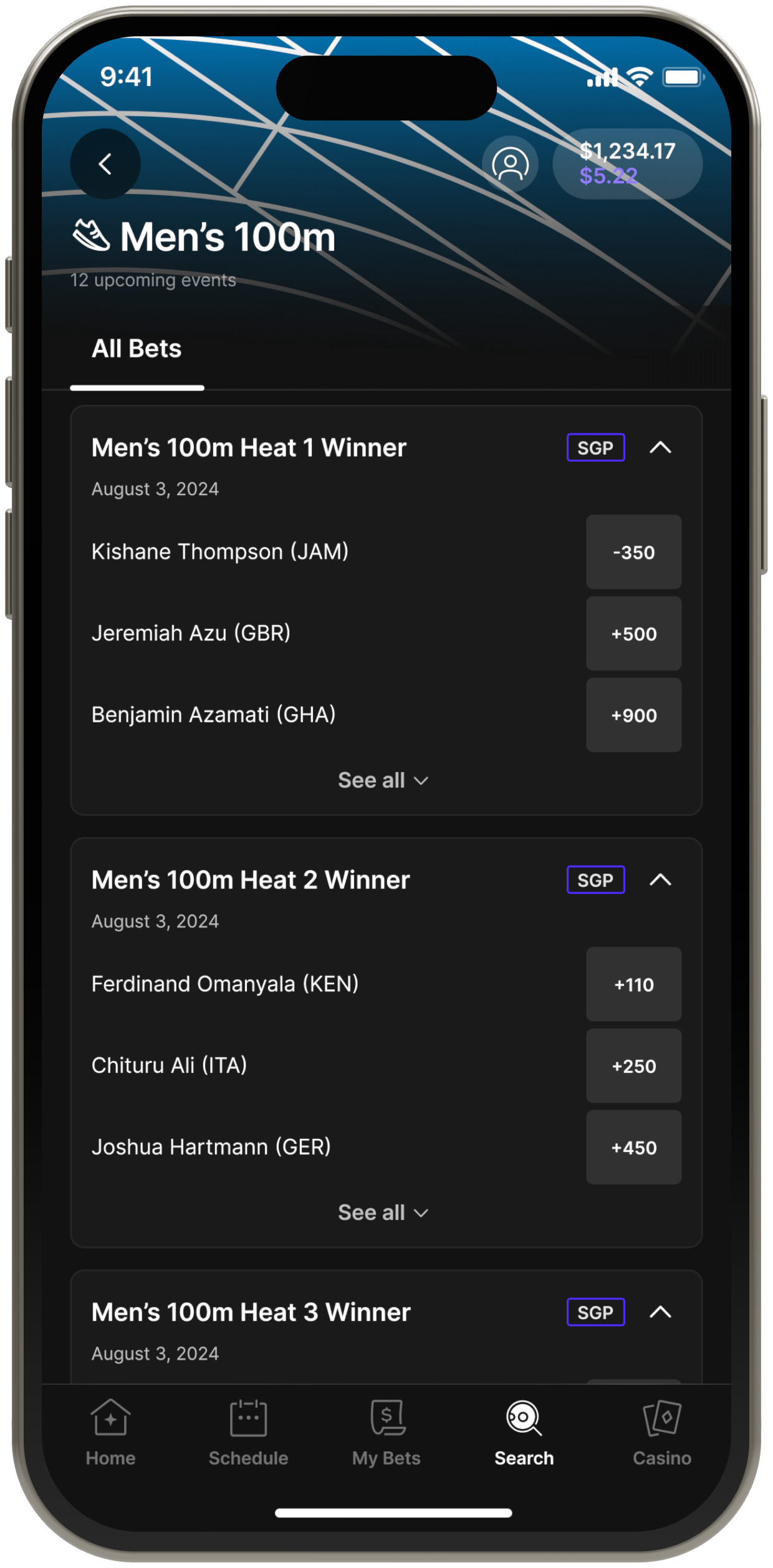 One-against-the-field template: the Men’s 100m event page, with heat-winner markets listing individual sprinters and one price each.