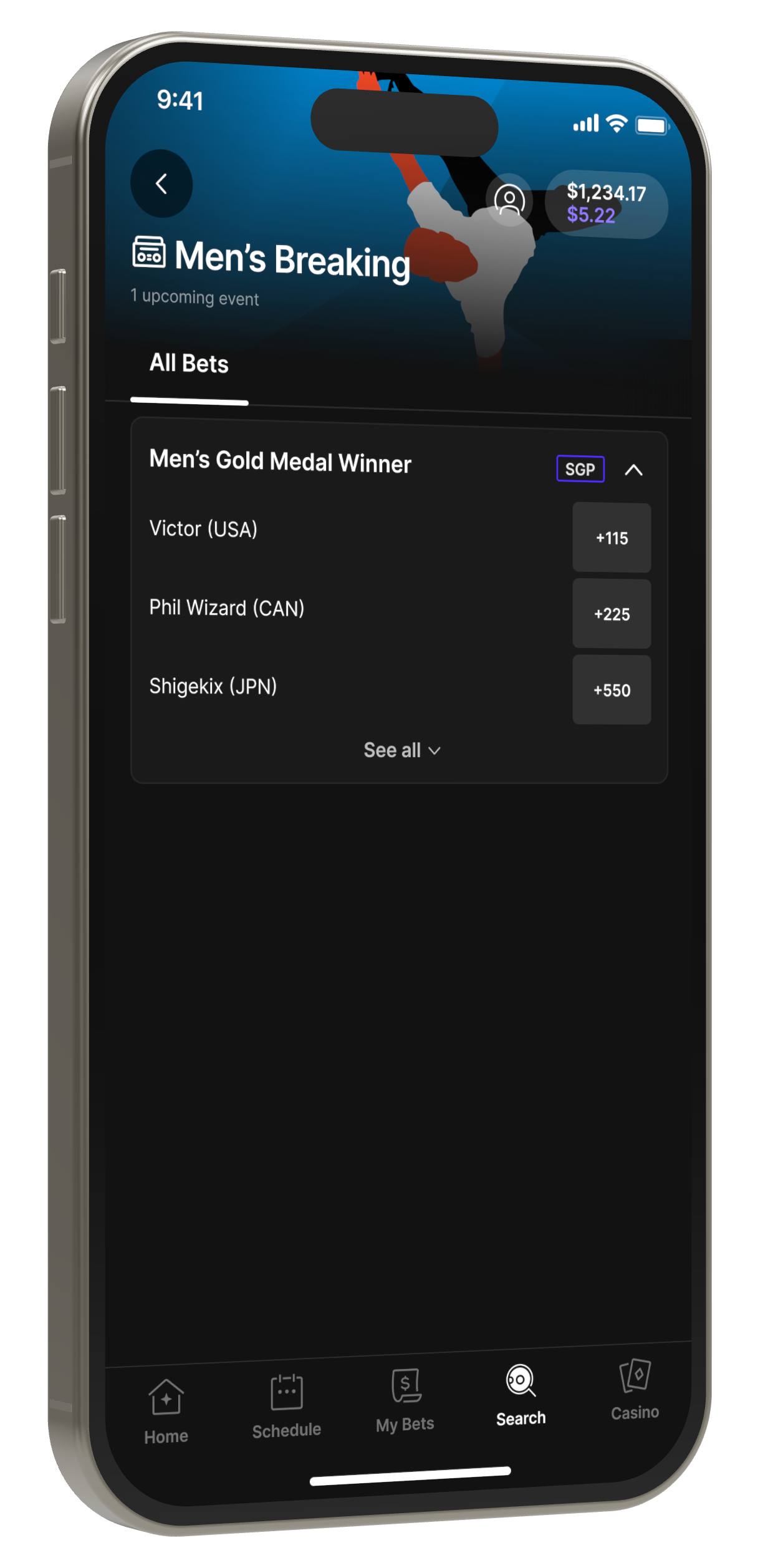 The Men’s Breaking event page: a gold medal winner market listing individual breakers with one price each.