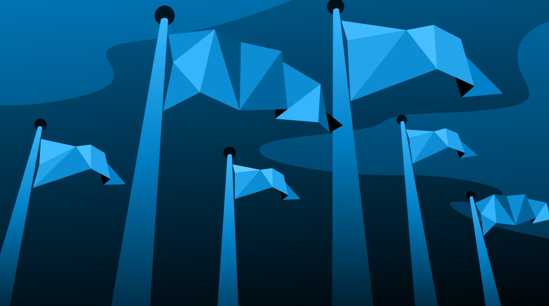 The Paris hub artwork: stylized blue flags on tall poles.