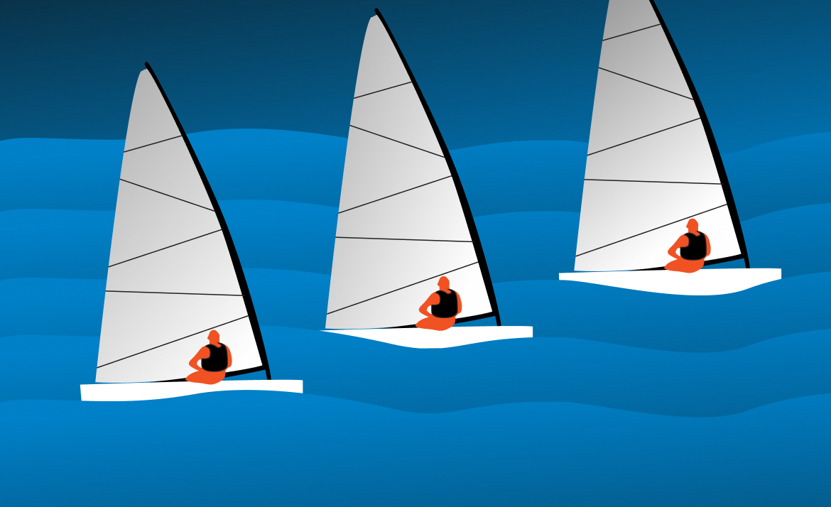 Sailing: three dinghies racing under white sails.