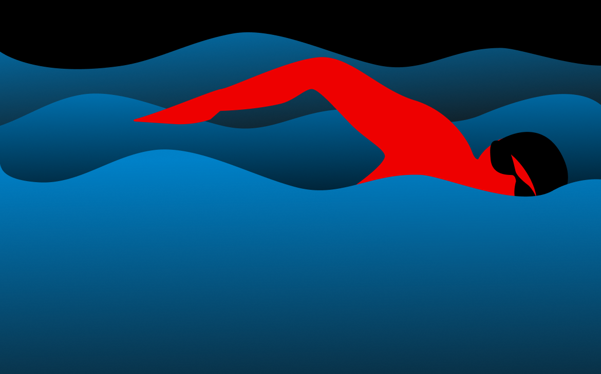 Swimming: a freestyle swimmer mid-stroke across dark waves.