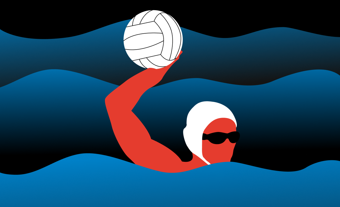 Water polo: a capped player raising the ball to shoot.