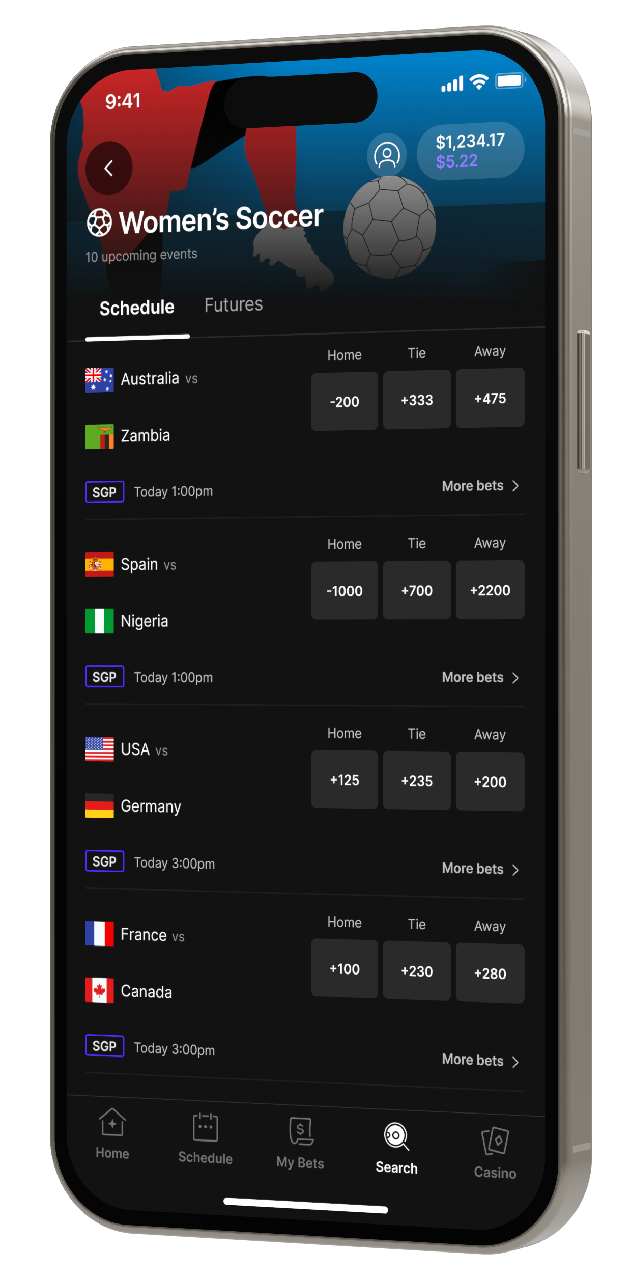 The Women’s Soccer schedule: each match lists two teams with home, tie, and away odds.
