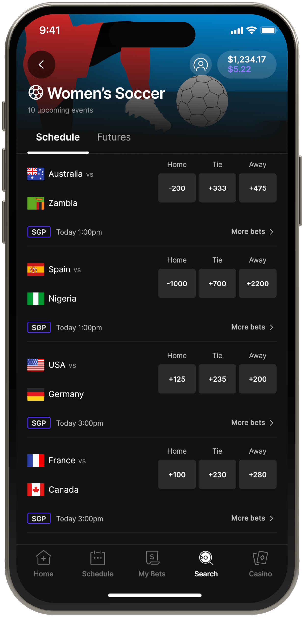 Head-to-head template: the Women’s Soccer schedule, each match listing two teams with home, tie, and away odds.